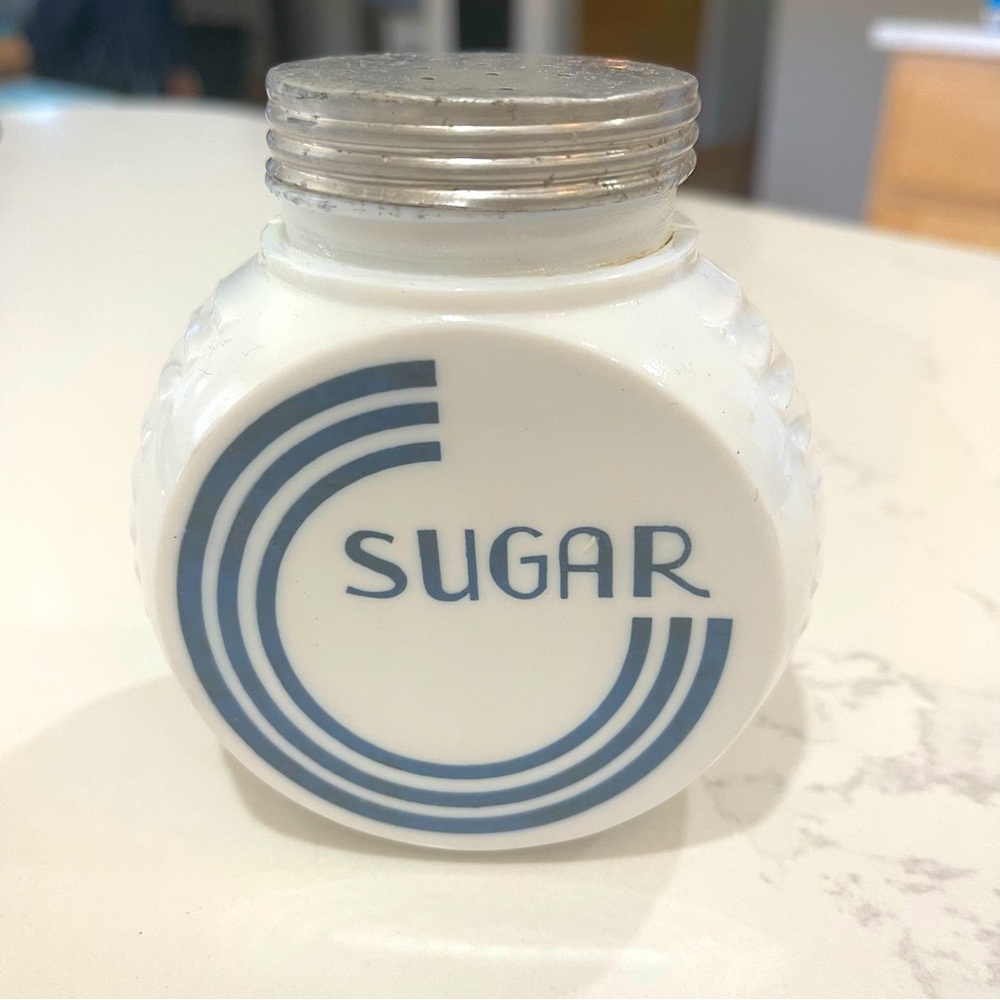 Vintage 1940s SUGAR SHAKER Art Deco ANCHOR HOCKING Vitrock Glass Blue Circular
